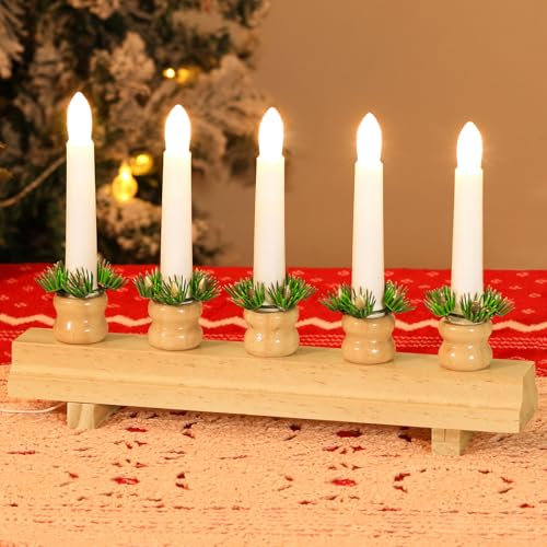 Lewondr Kerzenleuchter Weihnachten, Elektrische Weihnachtsdeko Schwibbogen mit 5 Kerzenlichtern Flammenlos Kerzenbrücke, USB-betrieben LED Bogen Weihnachten Holz Weihnachtslichter Fensterbank, Holz
