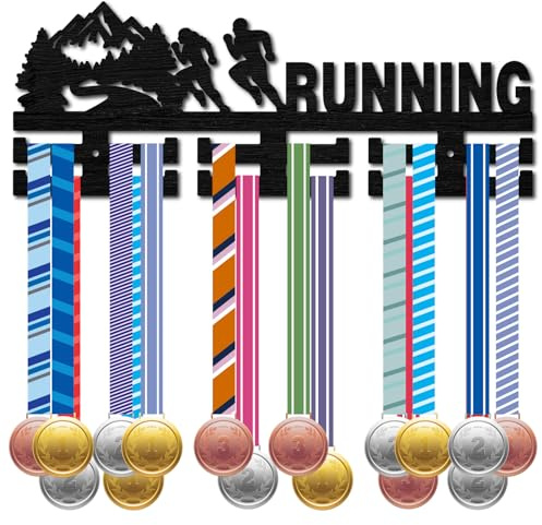 CREATCABIN Medaillenaufhänger Zum Laufen,Medaillenhalter,Sport,Bergbäume,Schwarzes Holz,Auszeichnungsband,Organizer,Wandbehang,Halterung,Dekor Für Läufer,Spieler,Athleten,Marathonrennen,40x15cm