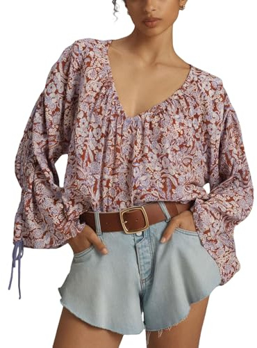 Camicetta da donna boho a maniche lunghe, stampa floreale, camicia larga, tunica estiva da donna, con coulisse, scollo a V, primavera, autunno, elegante, casual, casual, leggera, Lilla, M