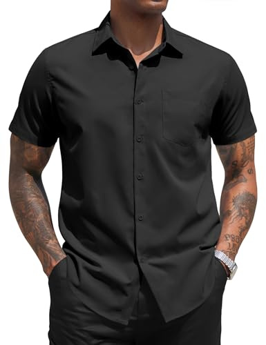 COOFANDY Herren Hemd Kurzarm Businesshemd Freizeithemd Regular Fit Sommer Smart Casual Hemd mit Brusttasche Schwarz XL