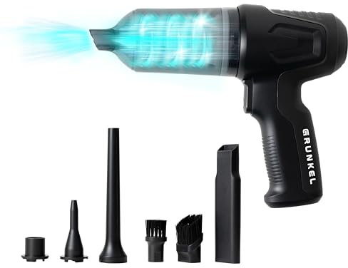 Grunkel - Mini Aspiradora de Coche - CARFORCE2 con Filtro HEPA x 2 y Accesorios -12KPA (Potencia de aspiración) y bateria Recargable por USB