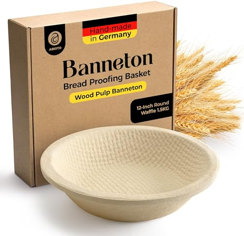 12 Round Wood Pulp Banneton Bread Proofing Basket – 3.3LB Brotform with Waffle Pattern – Non-Stick Natural Wood Pulp Pressed for Durability– Made in Germany Proofing Basket for Sourdough Bread Baking