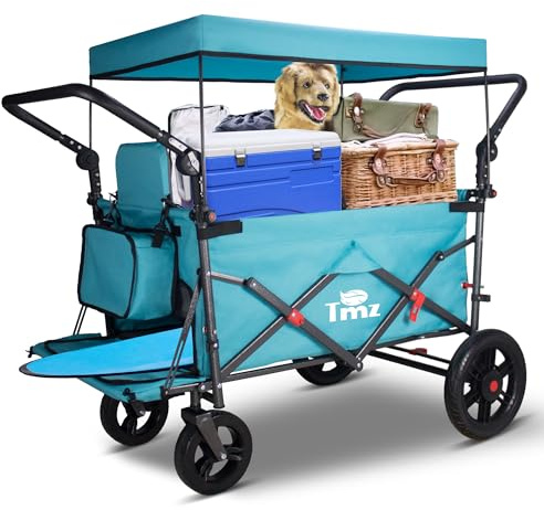 TMZ Folding Trolley with 2 Foldable Seats, Portable Push & Pull Handcart with Adjustable Handle Bar and Canopy, Transport Wagon for Beach Garden Walking Camping 265LBS Capacity (Turquoise/Grey)