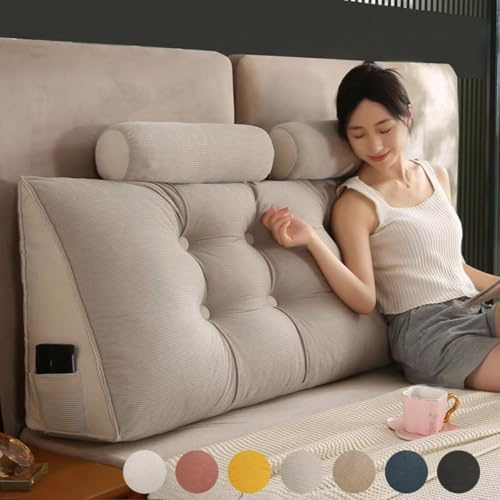 Rückenkissen Bett 180 cm Beige, Bettkissen Rückenlehne mit Nackenrolle, Wasserdicht Rückenstützkissen Gestreifter Flanell Keil Kopfteil Kissen mit Seitentasche, Waschbar Abnehmbar Lesekissen für Bett