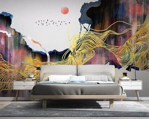 Tzxztt Abstrakte Linie Sonne Vogel Moderne 3D Tapete Geprägte Seide Neutrale Töne Material Ideal Für Wohnzimmer Schlafzimmer-250cm×170cm