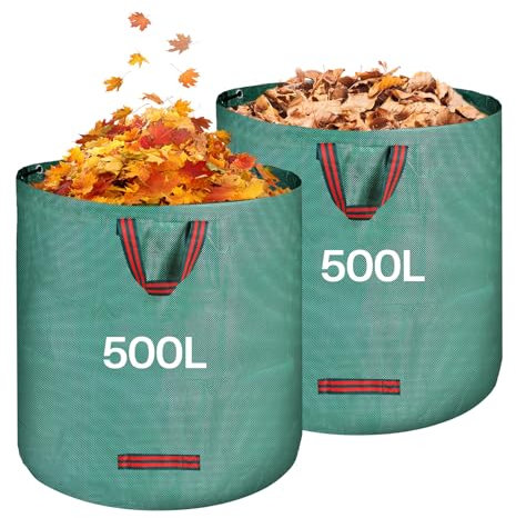 QOEOTUY Sacos de Jardín 2X 500L - Bolsas de Basura con Asas, Gran Capacidad, Plegables y Reutilizables - Bolsas de Jardinería para Recoger Plantas, Residuos y Hojas