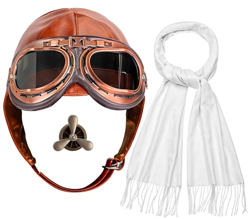 Horolam Aviator Costume Accessories, Vintage Aviator Hat with Goggles Scarf Leather Pilot Cap for Adult Halloween Party Brown