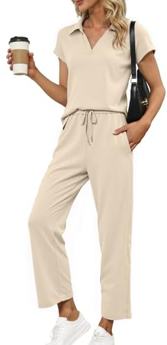 Glamaker 2-teiliges Sommer-Outfit für Damen, Lounge-Set, Flügelärmel, Poloshirt und Hose, Trainingsanzug, Reiseanzug, passendes Outfit 2025, Khaki, M