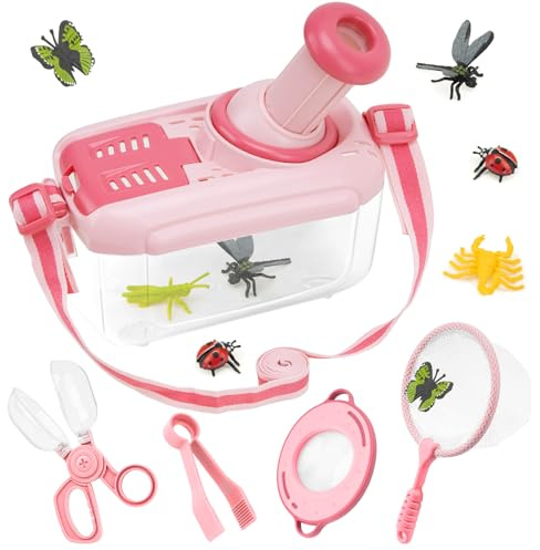 Funsland Set di Giocattoli da Esploratore Esterno, 5 Pezzi Set di Caccia agli per Bambini, incl Casella degli Insetti, 12 Insetti Giocattolo, Gioco Regalo Bambino 3 Anni, Rosa