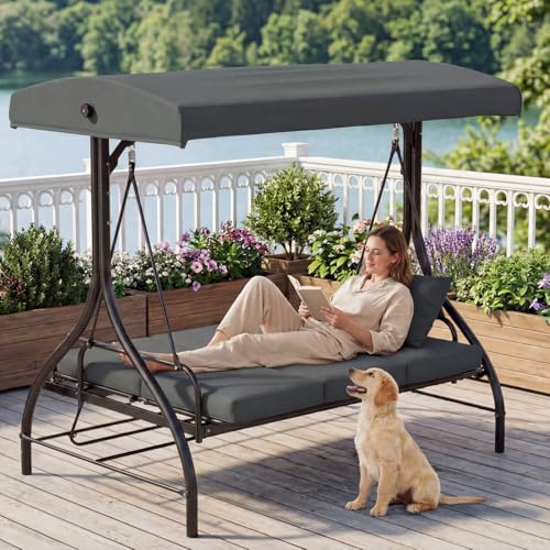 TLSUNNY 3 Seater Garden Swing, Convertible Glider Bed with Adjustable Canopy & Backrest, Heavy Duty Waterproof Outdoor Patio Swings Bench w/Removable Cushion for Backyard, Poolside, Balcony, Grey