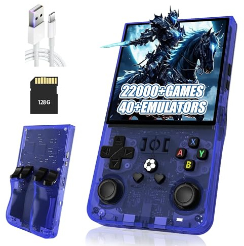 R36MAX Console de Jeux rétro Portable,22000+/18000+ Jeux intégrés,40+ émulateurs supportés,Batterie 4000mAh 8 Heures,écran IPS 4 Pouces,Mini émulateur Portable,système Linux Open Source (Bleu-128G)