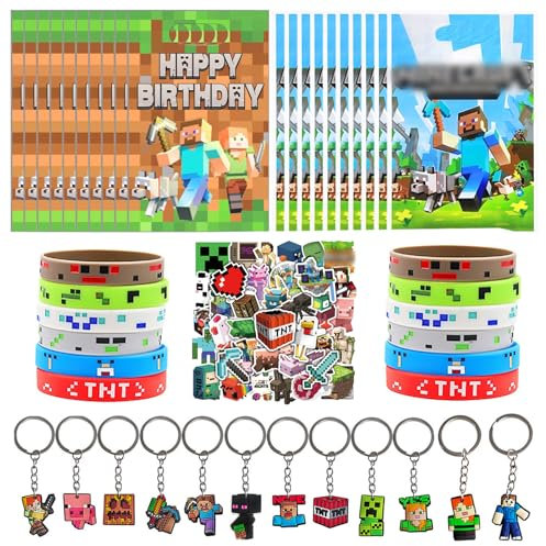 KEVRDRT Videojuegos Fiesta Cumpleaños Niños Regalos, Miner Regalos Fiesta los Niños, Videojuegos Cumpleaños de Regalo, Llaveros Pegatinas Pulseras Bolsa Regalo, Videojuegos Miner Artículos de Fiesta
