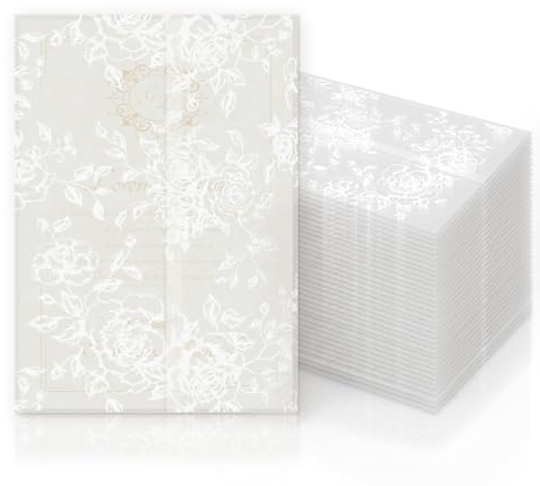 Vellum Jackets for 5x7 Envelopes for Invitations Wedding Envelopes Vellum Paper Kit Sleeves Pre-Folded Floral Wraps Jacket Wildflower for Craft (White Rose, 50)