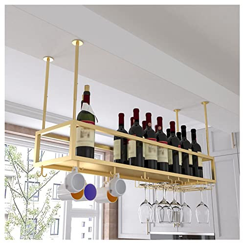 Weinglasregal zum Aufhängen an der Decke, höhenverstellbar, Wandmontage, Schwarz/Gold, Weinglasregal für Bar, Café, Küche, 80 x 25 x 21 cm