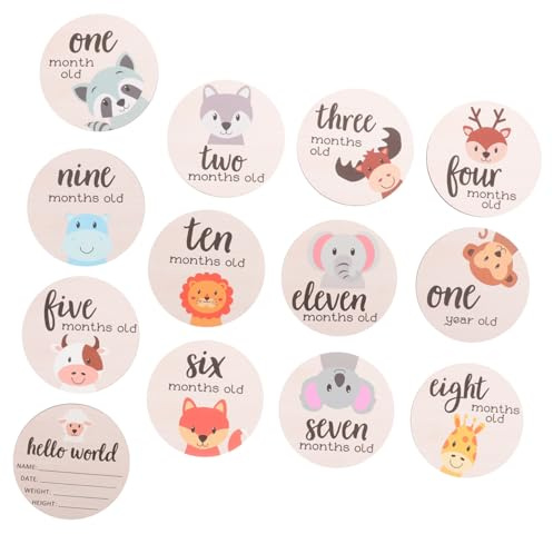 Zerodeko Tarjetas de Meses Set de 13 Piezas para Registrar Hitos y Crecimiento para Ñiño de Madera Redondas Accesorio Adecuado para Photo Props y Baby Shower