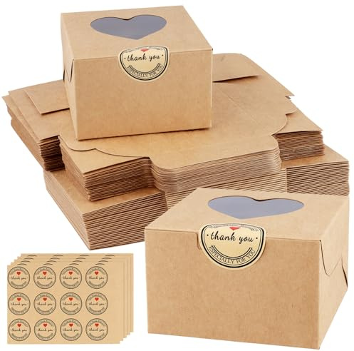 PUCSIQ 50 st bruna cupcakelådor, små baklådor, 10 x 10 x 6,5 cm, vikbar muffintransportlåda, kartong med transparent fönster för desserter, kakor, bakverk, godis, små kakor