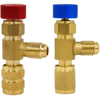 2 Stück Kältefüller Schnellkupplung Sicherheitsventil, R410A Adapter für Klimaanlage R22, Kupfer Kühlmittelanschluss mit Einhandbedienung, Leckschutz, Wartungszubehör für Klimasysteme