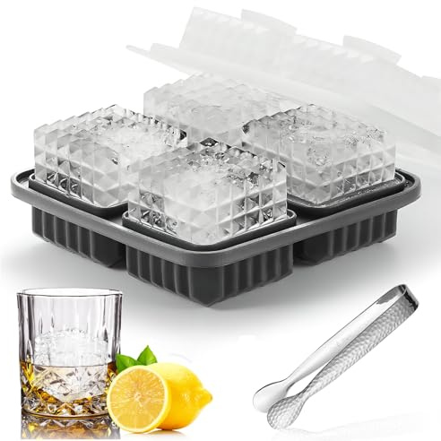 FainFun Lot de 4 bacs à glaçons en silicone 3D avec couvercle, pour cocktails et whisky, pour la fabrication de glaçons, chocolats, fudge, savons (1, gris, 4)