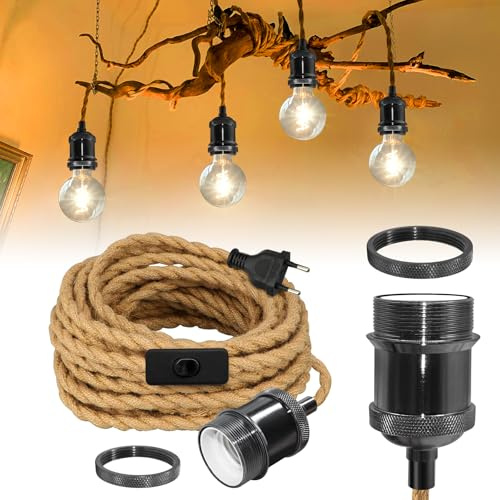 Retro Messing Hängelampe mit Stecker, 5.1M Perlenschwarz Hanfseil Hängeleuchte, Vintage Pendelleuchte Kit mit Schalter und Stecker, Industrial Lampe, E27 Fassung, für Studio, Max.60W, Ohne GlüHbirne