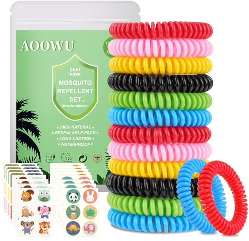 AOOWU 12 Pezzi Braccialetti Antizanzare, 72 Pezzi Cerotti Antizanzare Bambini, Antizanzara Bracciali, Senza DEET, Sicuro Non Tossiche, per Adulti e Bambini, per Attività All'aperto e Viaggi