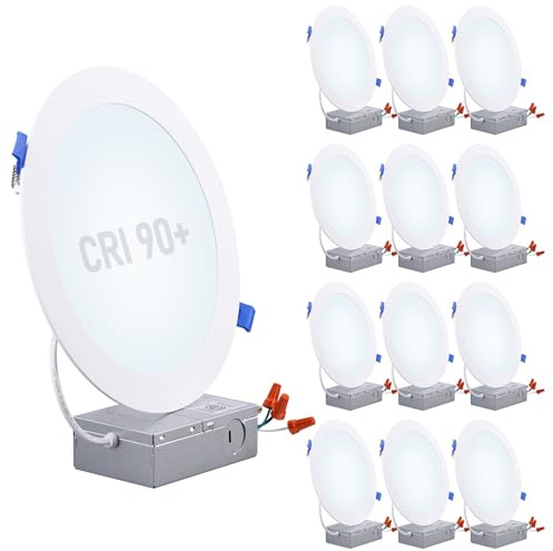 TORCHSTAR Basic Series 12-Pack 8 Inch Ultra-Thin LED Recessed Lighting with Junction Box, CRI90, Aluminum, 5000K Daylight, 5%-100% Dimmable Slim Recessed Downlight, 18W 1500LM, ETL and Energy Star