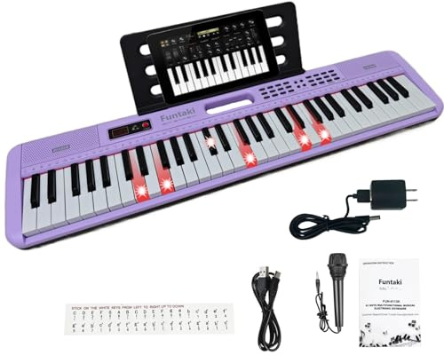 Funtaki 61-Key Electronic Keyboard Piano for Adults Kids with Light Up Keys, MIDI Connectivity & Learning Modes - Perfect Beginner Piano (purple)