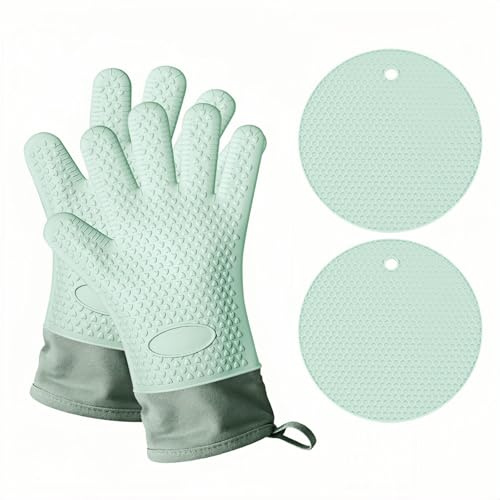 Silicone Oven Mitts & Pot Holders Set of 4, High Heat Resistant 500 Degree Extra Long Grill Gloves with Fingers for Kitchen Baking Cooking, Outdoor Grilling, Waterproof and Non-Slip, Green