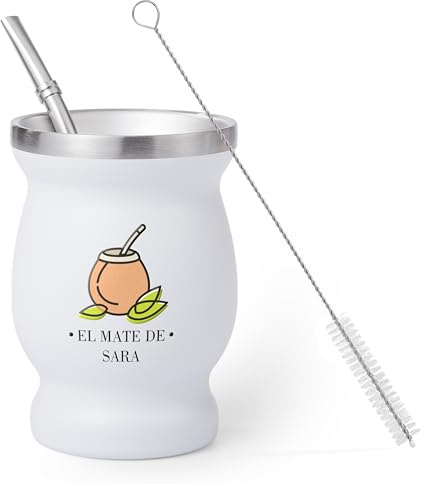 Regalo Original - Kit Mate Argentino de Acero Inoxidable - Calabaza con Ilustración de “El mate de…” Personalizable con Nombre y Color - Vaso 250 ml de Doble Pared, Bombilla y Cepillo
