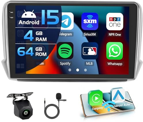 Inefala 4+64G 10'' Android 15 Autoradio pour Peugeot 208/2008 2012-2018 | Radio avec sans Fil Carplay et Android Auto Lien Miroir Radio FM/RDS GPS WIFI Bluetooth SWC Caméra de Recul