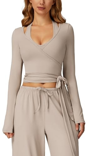 IDOPIP Maglia avvolgente da donna: maglietta sportiva con scollo a V, opaca, a maniche lunghe, per fitness, yoga, allenamento, pilates, beige chiaro, M