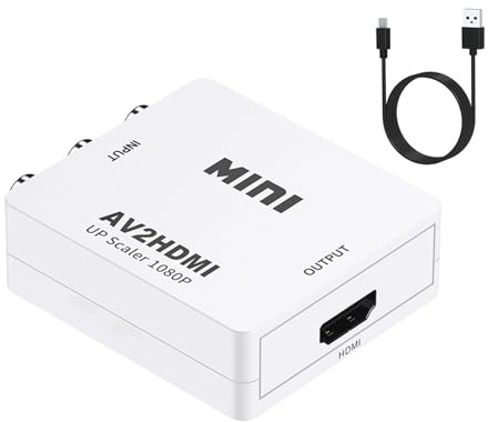 STFMHEZ RCA to HDMI 1080P AV RCA to HDMI Converter Composite CVBS AV to HDMI Video Audio Converter Adapter for PC Laptop Mini Xbox PS2 PS3 TV STB VHS VCR Camera DVD, Supporting PAL/NTSC (White)