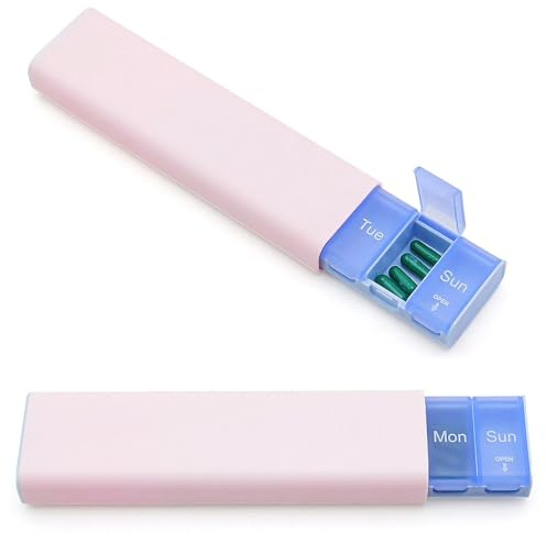 ATTEEFI Tablettendose 7 Tage, Blau Tablettenspender, 7-Fach Medikamenten Organizer, Tablettenbox Reise, mit Rosa Schutzhülle, für Tabletten, Vitamine und Fischöl