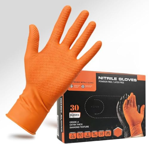 Nitrile Gloves: Disposable Diamond Texture Gloves Powder and Latex Free -10mil Ultra Thick and Strong Rubber Orange (30, XL)