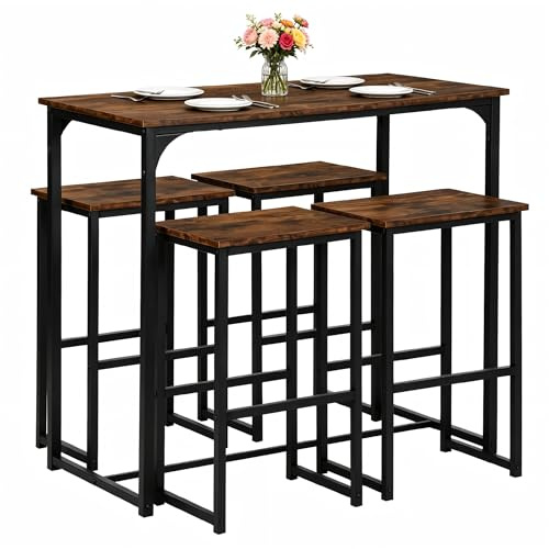 Songvas Tavolo da Pranzo con 4 Sedie, Tavolo e Sedie da Esterno Set 5 Pezzi Mobili Industriale Tavolo 100 x 50 x 90 cm, Sedie Cucina 40 x 30 x 65 cm, per Cucina, Nero Opaco + Venatura Legno Retrò