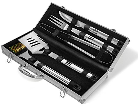ACTIVA Grillbesteck Set 5-teilig – Edelstahl Grillset mit Grillzange, Wender, Grillbürste & mehr im praktischen Aluminiumkoffer