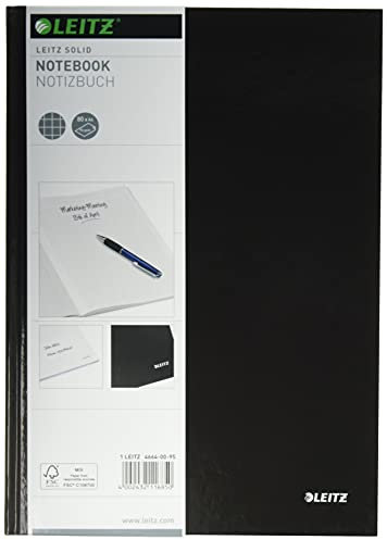 Leitz A4 Notizbuch kariert, 160 Seiten, 80 Blatt FSC zertifiziertes 80 g/m² Papier, Stabiler, kratzfester Hardcover-Einband, Für Büro, Schule oder als Tagebuch, Solid Serie, Schwarz, 46640095