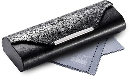 FEFI Brillenetui Hardcase - Edles Design in Relief-Leder-Optik mit Chrom-Applikation, robust und langlebig, inkl. hochwertigem Mikrofasertuch (schwarz)