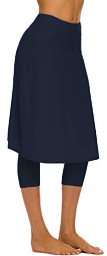 Micosuza Long Swim Skirt with Attached Leggings Modest Sun Protection Sports Skirt for Women Navy