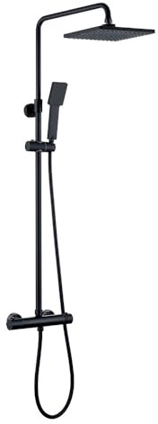 Columna de Ducha cuadrada termostático | Altura regulable 83-120 cm | latón macizo negro mate | Diseño redondo con rociador efecto lluvia y alcachofa | Ideal techos altos