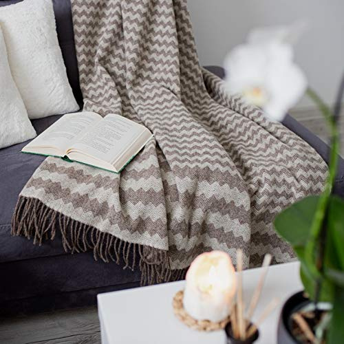 Linen & Cotton Decke Wolldecke Wohndecke Kuscheldecke Melody Gewellt - 100% Reine Neuseeland Wolle, Braun Natur Weiß (140 x 200 cm) Tagesdecke Überwurf Plaid Blanket Sofa Schurwolldecke Lammwolle