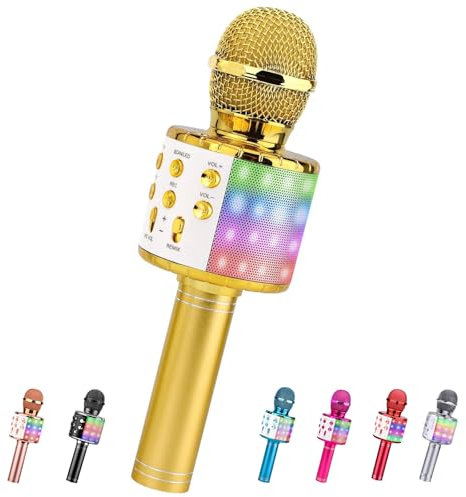 ShinePick Drahtloses Bluetooth Karaoke Mikrofon für Kinder - Tragbare LED 4 in 1 Sing Microphone für Heim KTV, Kompatibel Mit iOS Android PC (Goldfarben)