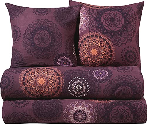 Erwin Müller Bettwäsche, Bettgarnitur Sparpaket 4-TLG. Flanell - Mandala - mollig warm, temperaturregulierend, mit praktischem Reißverschluss - aubergine Größe 80x80 cm / 155x200 cm
