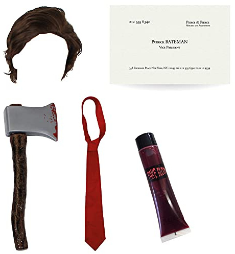 Patrick Bateman Kostüm-Zubehör-Set Braune Perücke Blutige Axt Rote Krawatte Visitenkarte Kunstblut American Psycho TV- und Filmfiguren Halloween-Kostüm Halloween-Kostüm für Erwachsene