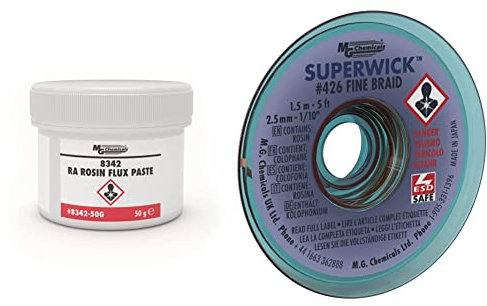 MG Chemicals 8342-50G Rosin Flux Paste, 50 g Jar & Desoldering Braid #4 Fine Braid Super Wick with RMA Flux, 5' Length x 0.1 Width, Blue