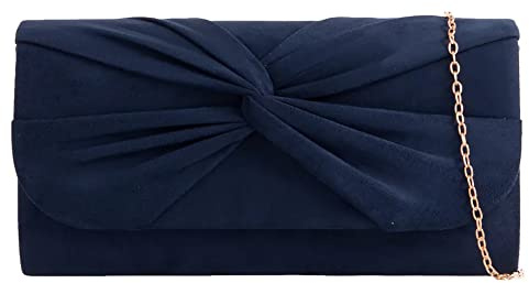 Suede Pleated Style Bridal Prom Wedding Evening Clutch Party Purse Hand Bag (Navy Blue)