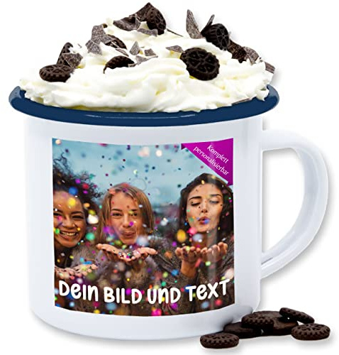 Emaille Tasse Blechtasse - Foto eigenem - Fotogeschenk I Geschenk Bild personalisiert I Geschenk mit Bild I Custom Photo - 300 ml - Weiß Blau - fototasse bildtasse selbst drucken druck tassen