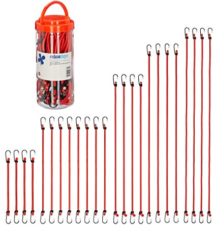 Relaxdays Spanngummi mit Haken, 24er Set, Fahrrad Gummispanner Gepäckträger, 5 Größen, Universal Gepäckspanner, rot