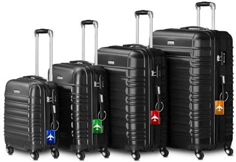 Juskys Hartschale Kofferset Reisekoffer 4 teilig - Zahlenschloss, geräuscharme 360° Rollen groß, Teleskopgriff, leicht - Koffer in Schwarz