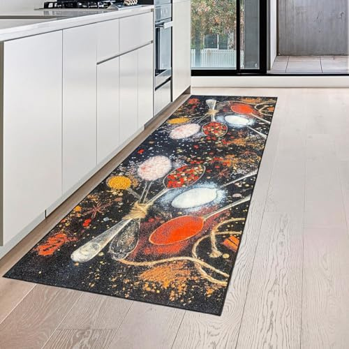 Teppich-Traum Küchenläufer Küchenteppich Gewürze Löffel Schwarz 80x200 cm | Pflegeleicht, strapazierfähig, rutschfest und allergikerfreundlich, flach gewebt, für Küche, Essbereich und Vorratsraum