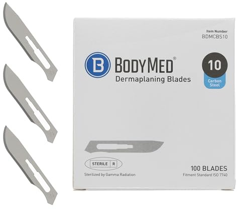 BodyMed Dermaplaning Blades #10 in Carbon Steel, 100 PCS - Disposable, Individually wrapped, Sterile Scalpel Blades for Estheticians, Facial Exfoliation, Hair Removal, Skin Care, Surgical & Podiatry